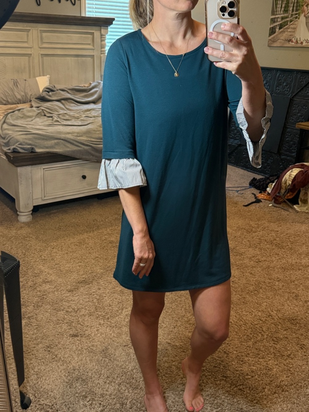 Pleione Teal Mini Dress with Striped Ruffle Sleeves